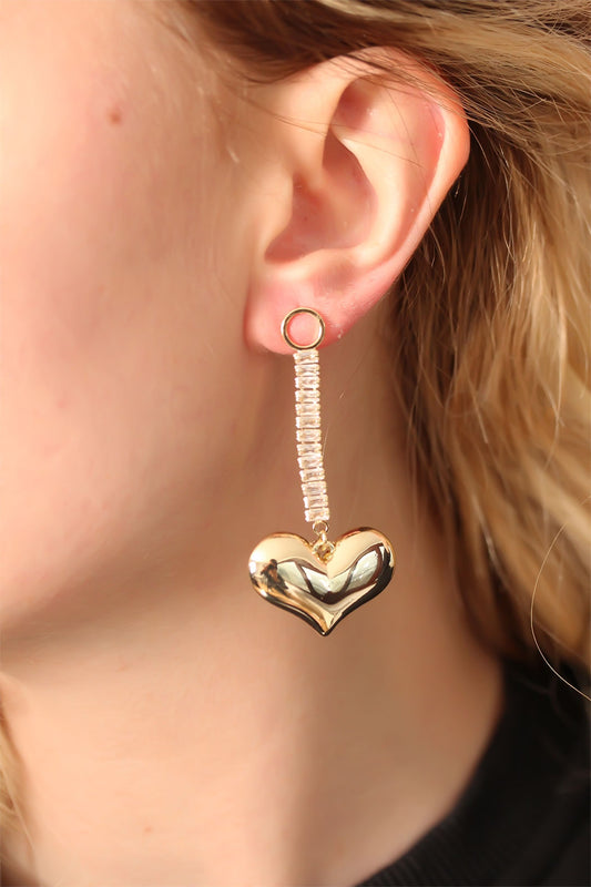 Steel Gold Color Baguette Stone Heart Earrings