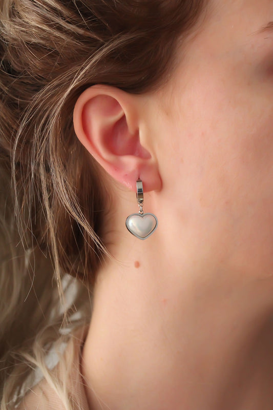 316L Steel Silver Color White Domed Heart Earrings