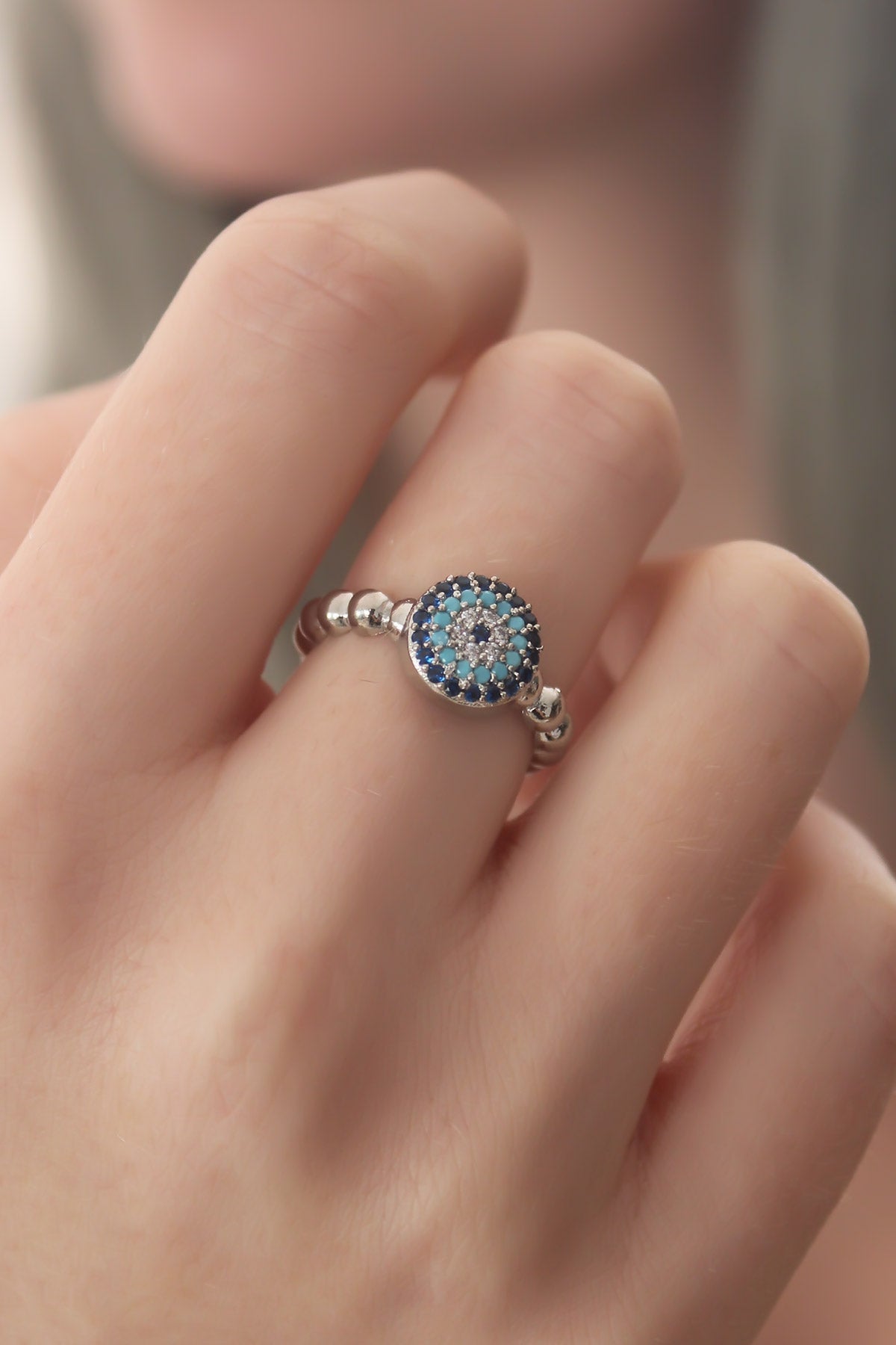 Silver Color Evil Eye Bead Figure Zircon Stone Detail Women's Ring