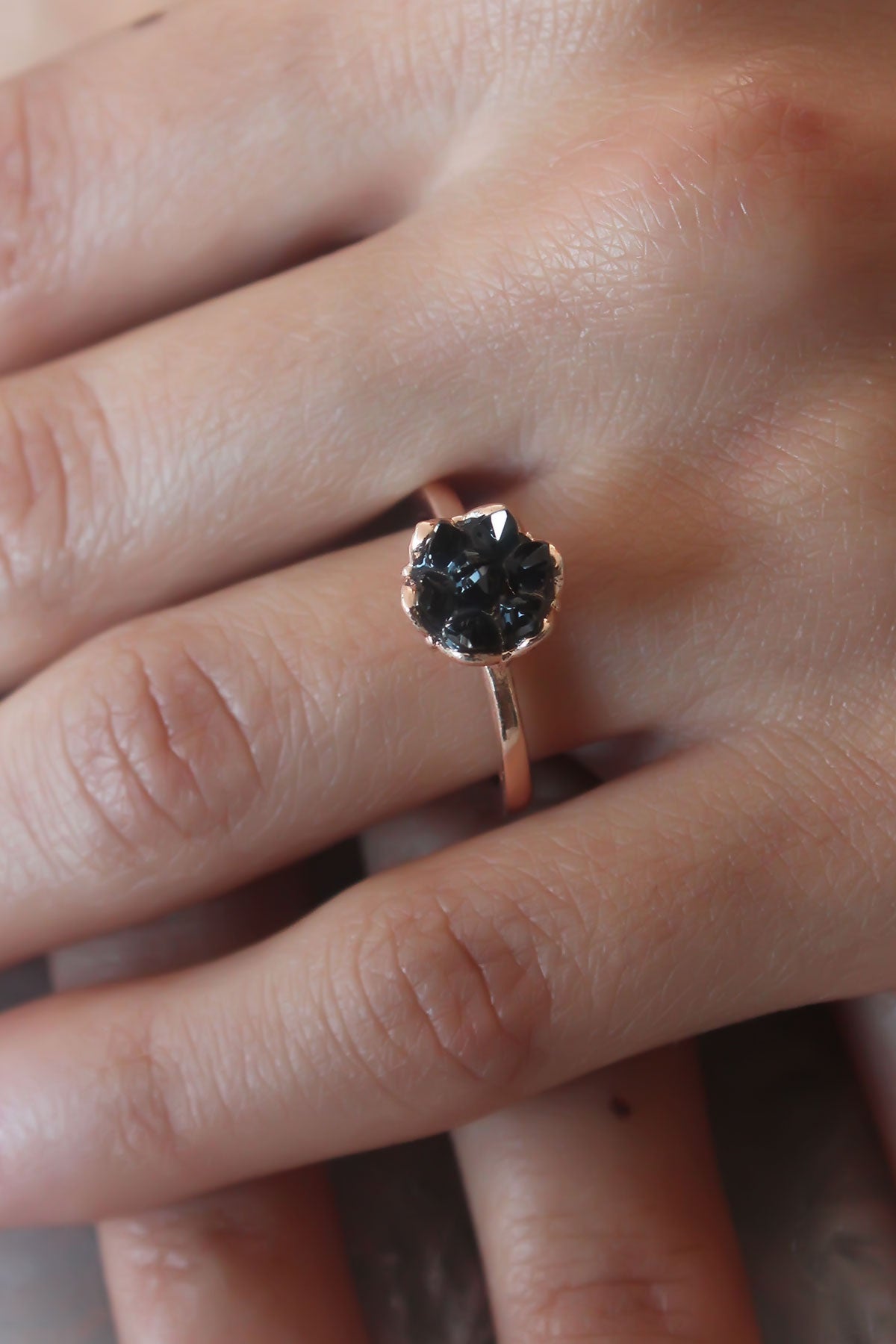 Black Color Lotus Flower Figure Gold Color Women's Ring