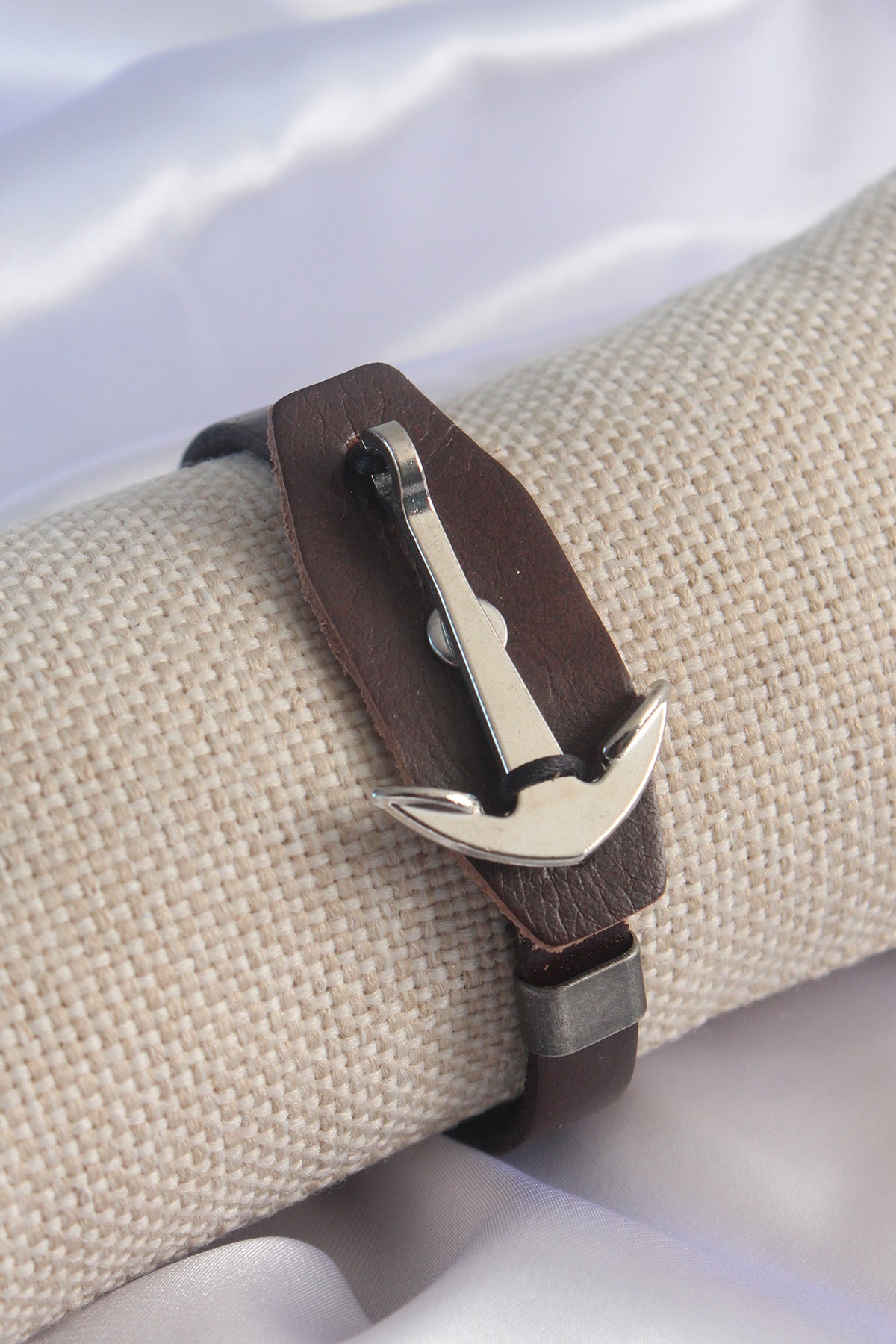 Brown Leather Model Silver Color Anchor Figure Men's Bracelet