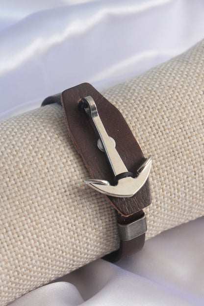 Brown Leather Model Silver Color Anchor Figure Men's Bracelet