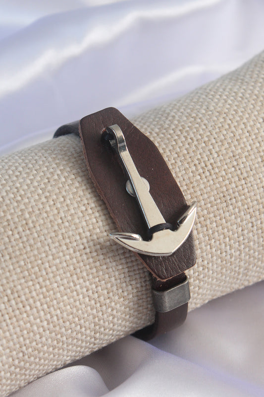 Brown Leather Model Silver Color Anchor Figure Men's Bracelet