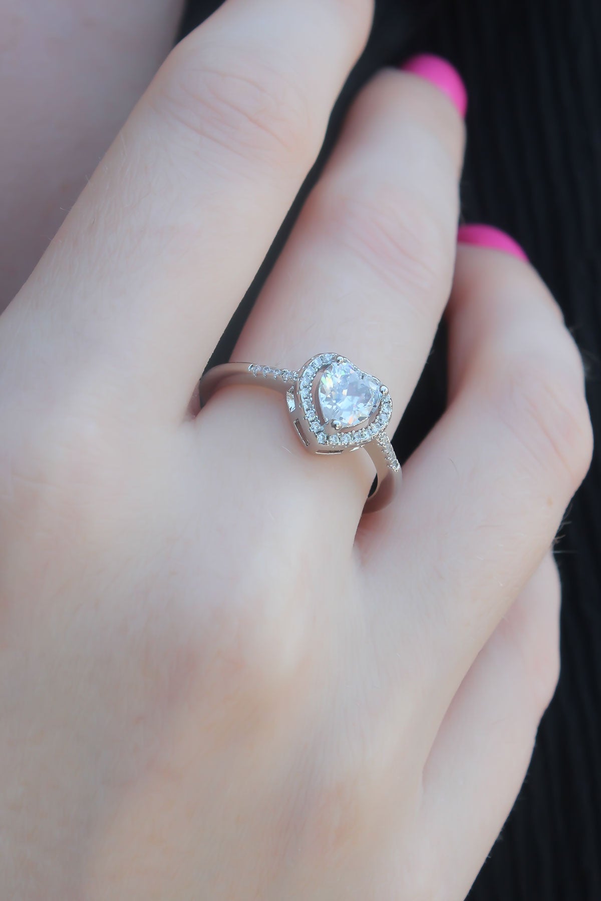 Silver Color Zircon Stone Heart Model Charm Brass Women's Ring