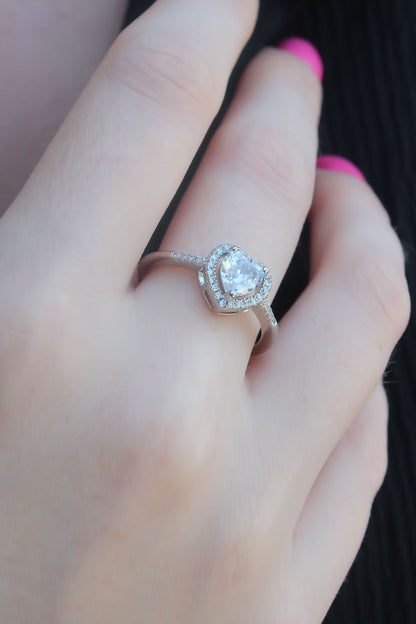 Silver Color Zircon Stone Heart Model Charm Brass Women's Ring