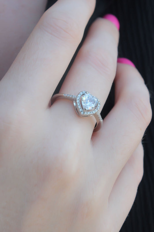 Silver Color Zircon Stone Heart Model Charm Brass Women's Ring