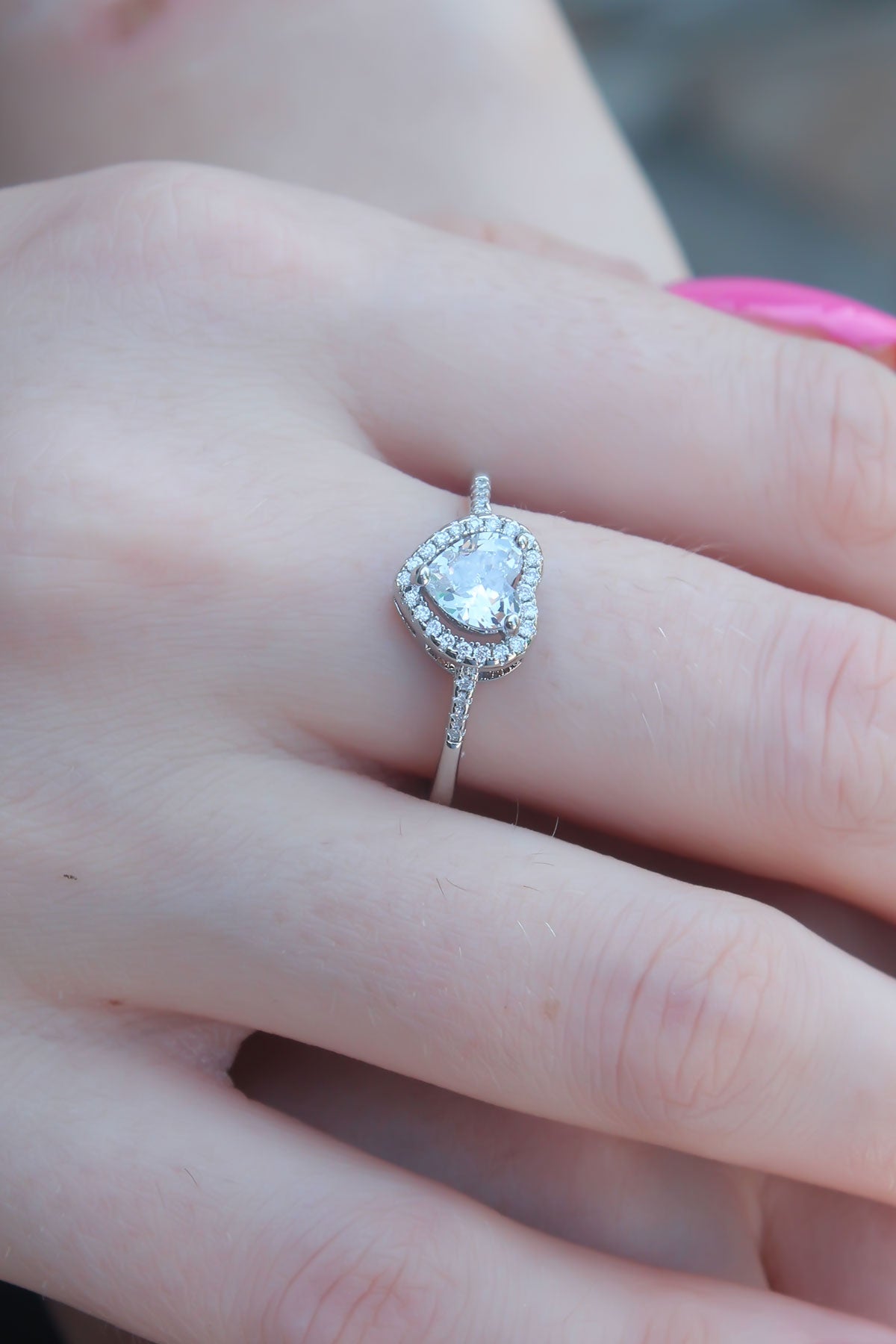 Silver Color Zircon Stone Heart Model Charm Brass Women's Ring