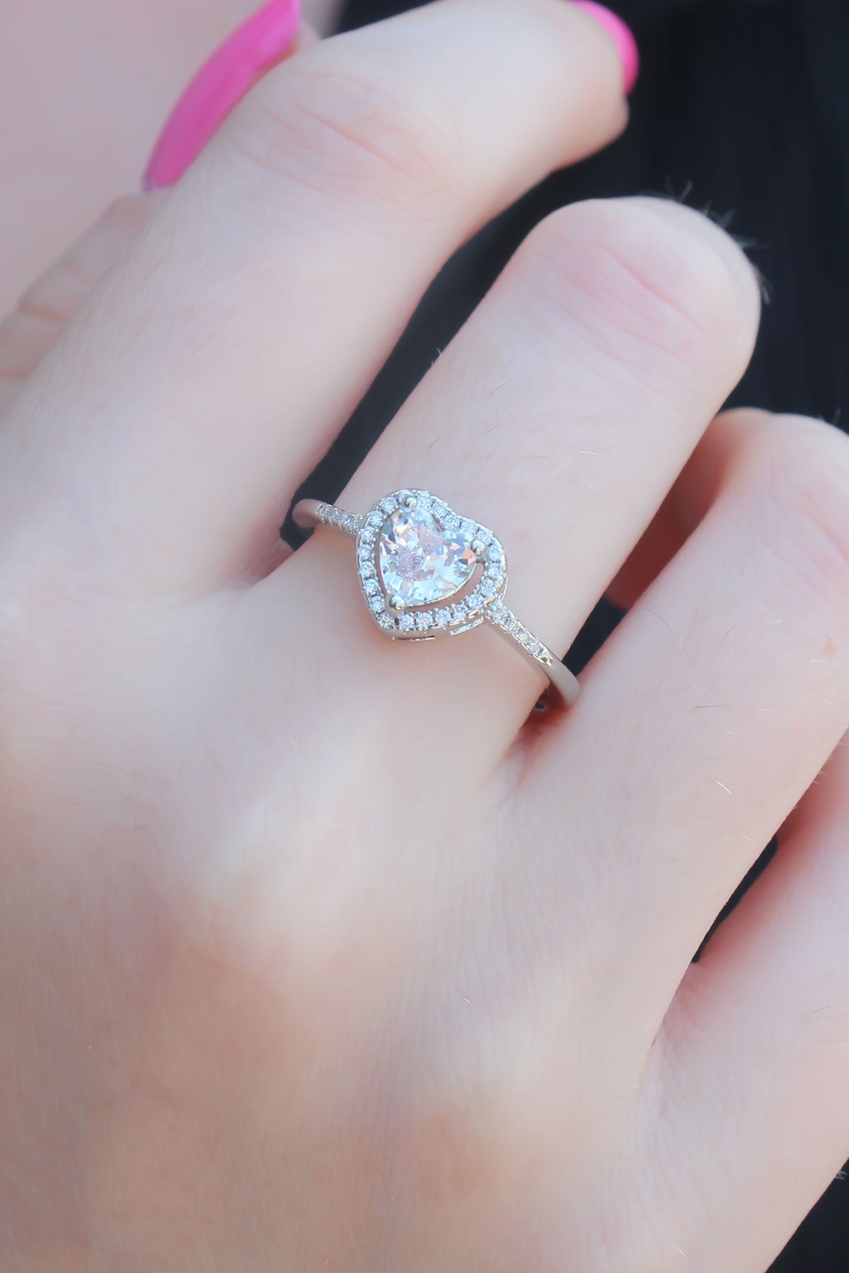 Silver Color Zircon Stone Heart Model Charm Brass Women's Ring