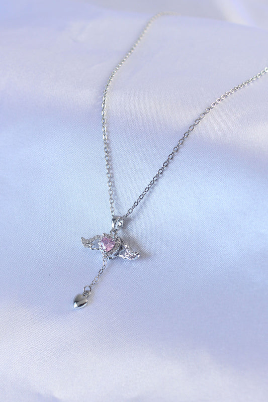 316L Steel Silver Color Winged Heart Figure Zircon Stone Detail Women's Necklace
