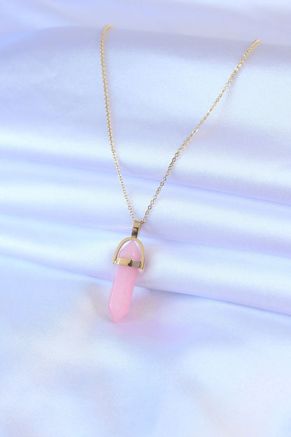 316L Çelik Gold Renk Kristal Pembe Taş Model Kadın kolye