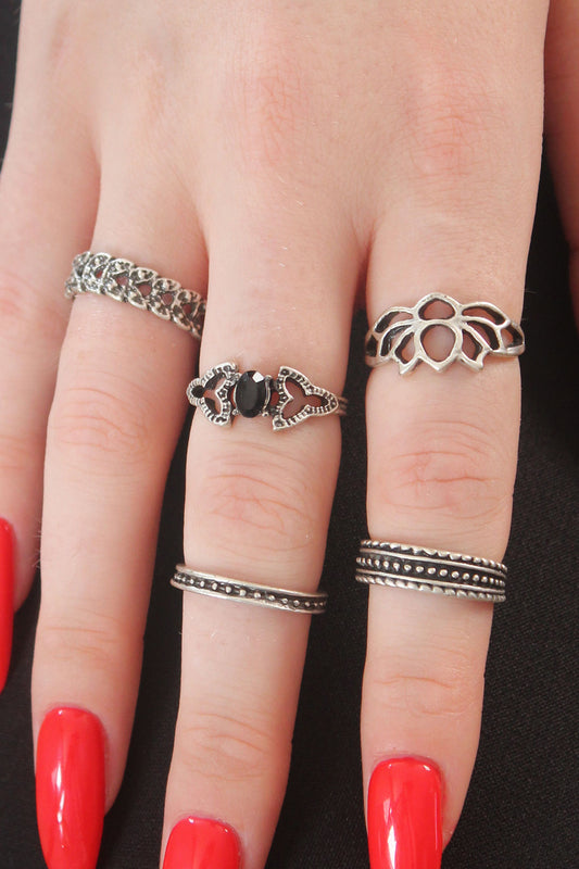 Silver Color Lotus Model Black Crystal Stone Detail Women's Ring Combination