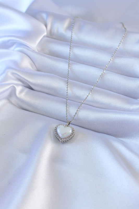 316L Steel Silver Color Pearl Heart Model Zircon Stone Women's Necklace