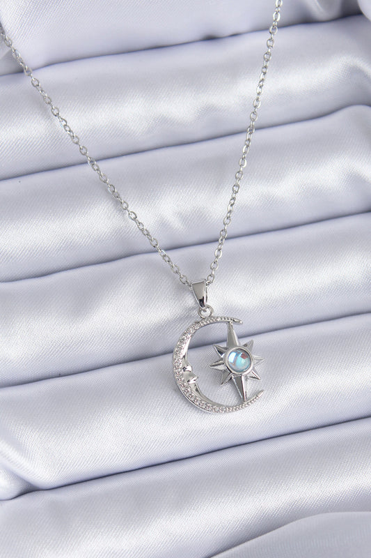 316L Steel Silver Color Zircon Stone Crescent Star Model Women's Necklace