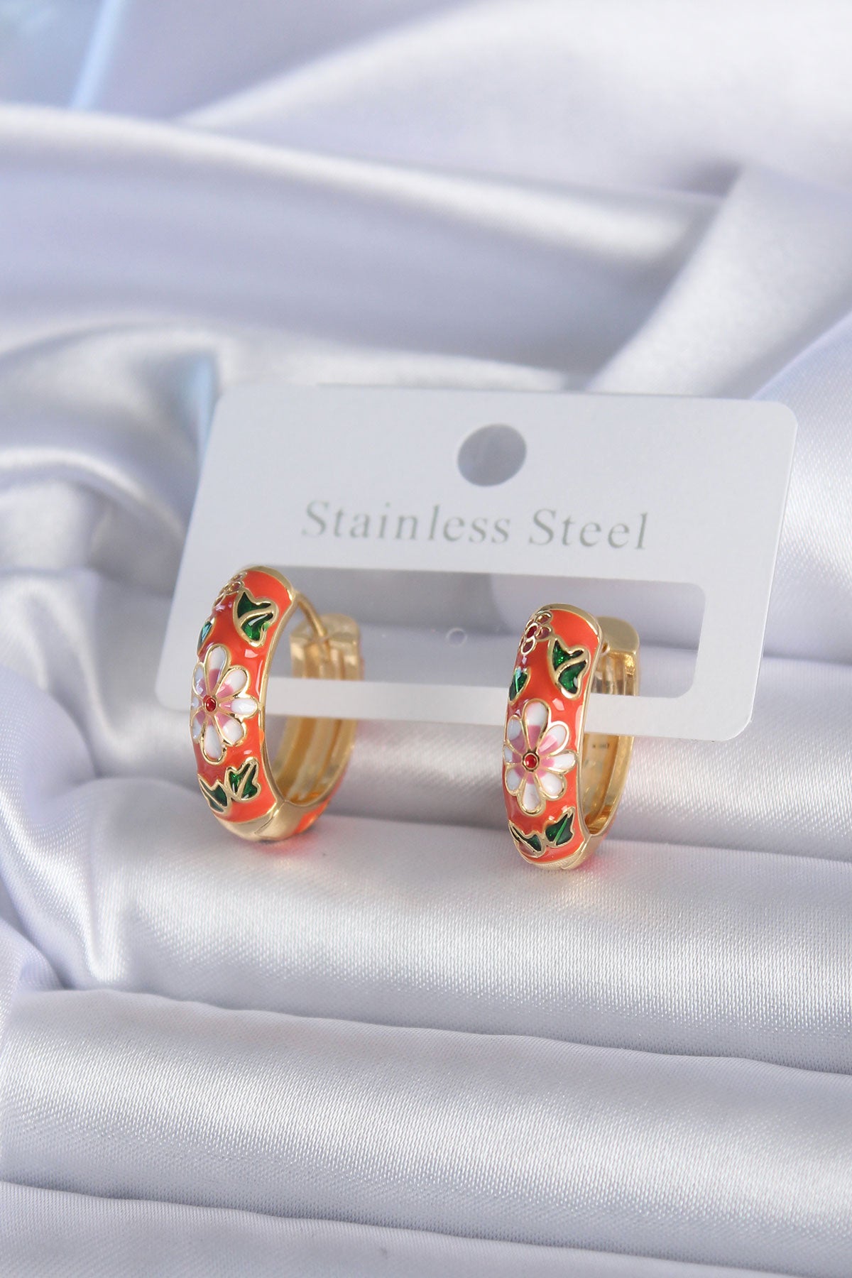 Brass Gold Color Flower Embroidery Orange Women's Earrings