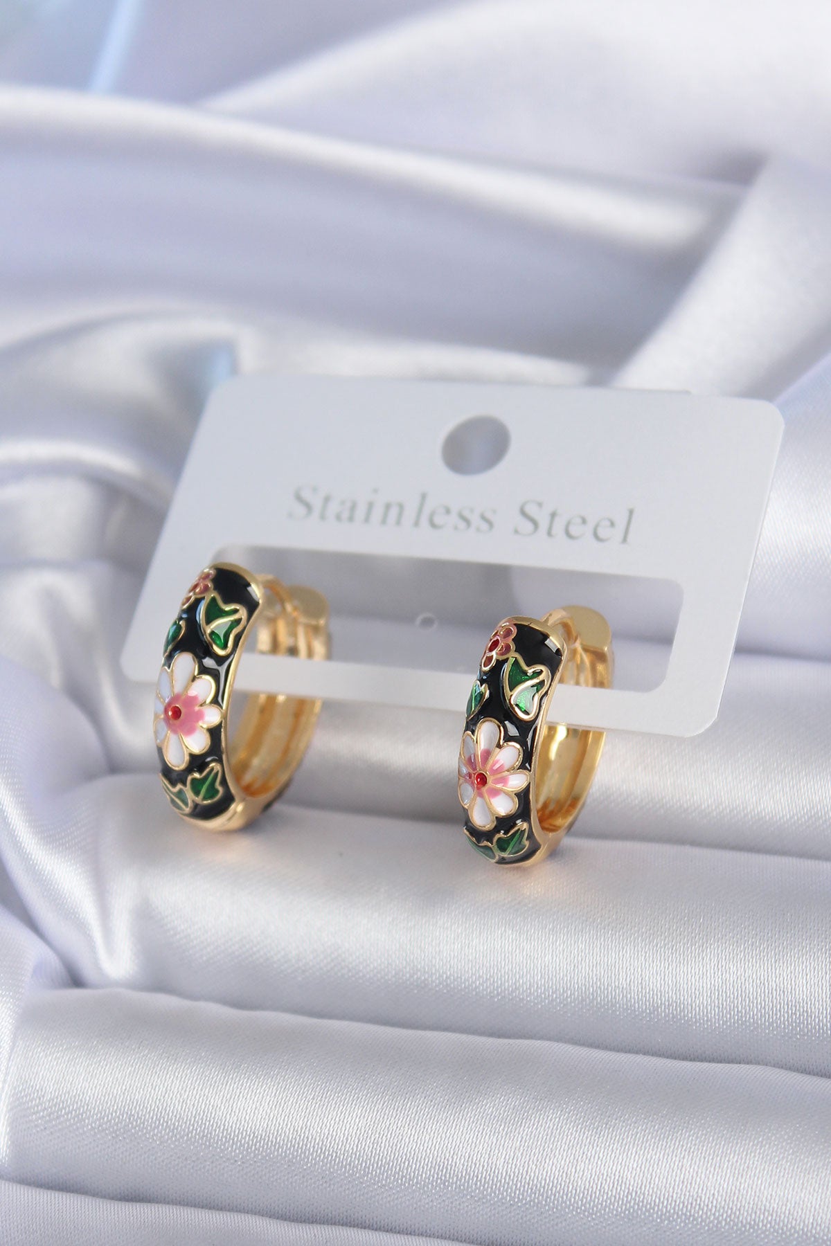 Brass Gold Color Black Flower Embroidery Women's Earrings