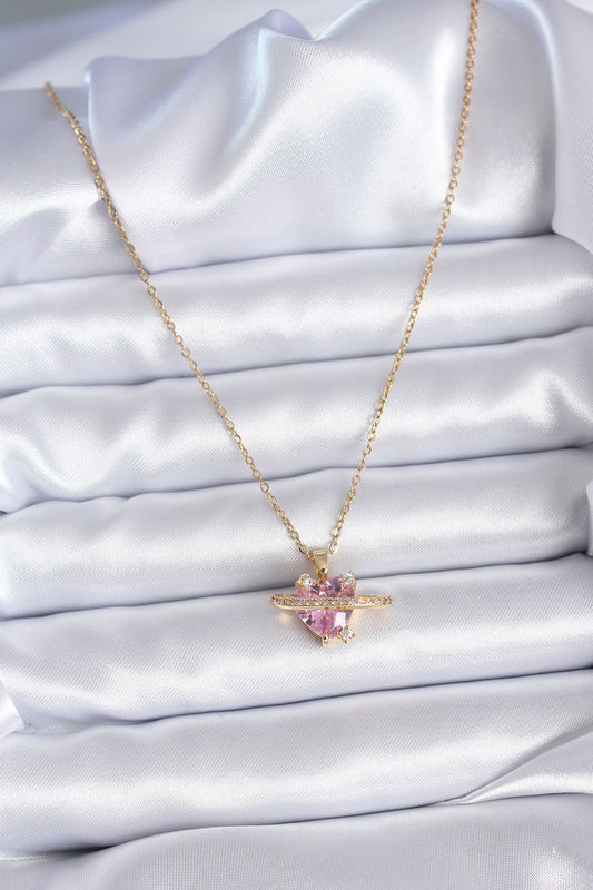 316L Steel Gold Color Chain Pink Crystal Heart Model Zircon Stone Detail Women's Necklace
