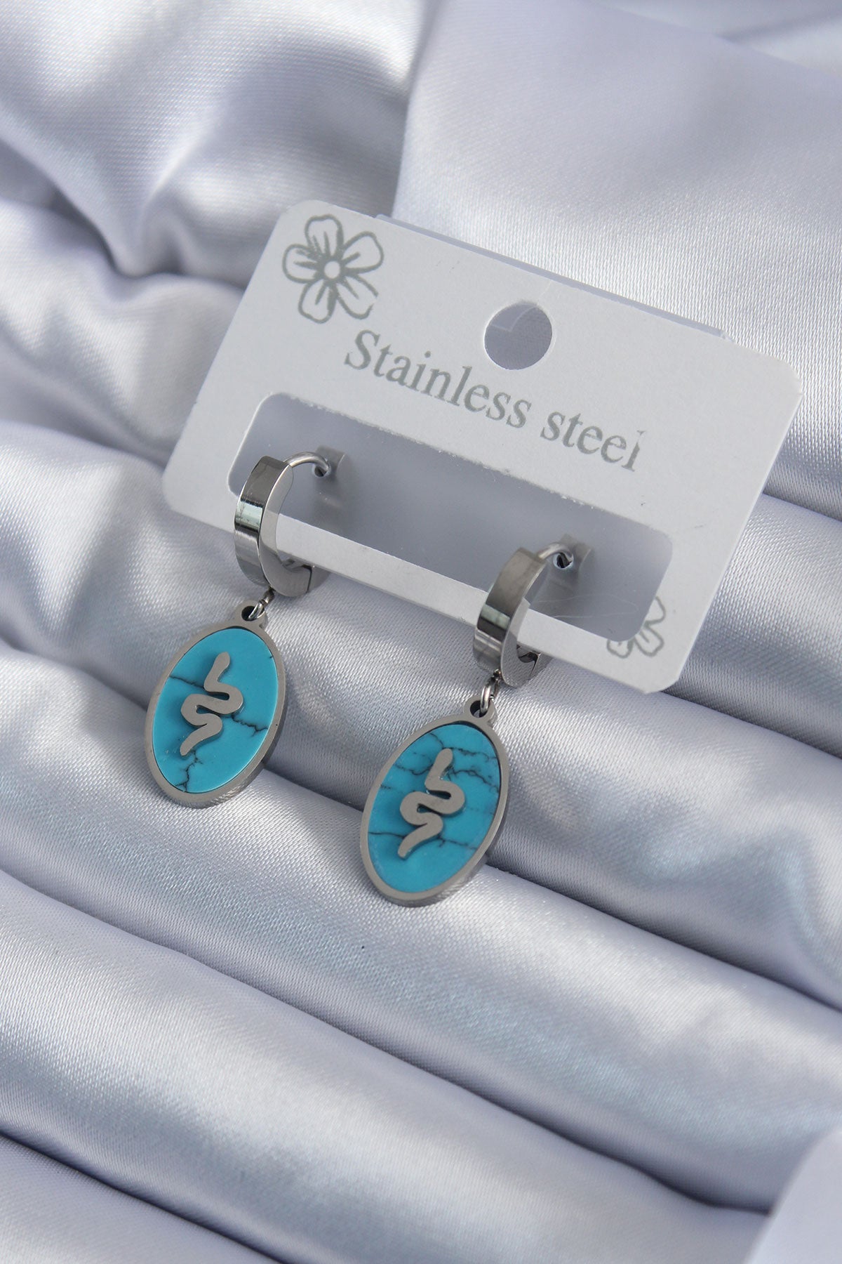 316L Steel Silver Color Oval Blue Stone Snake Figure Women's Earrings