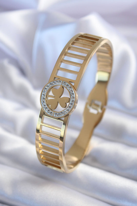 316L Steel Gold Color Zircon Stone Clover Model Women's Handcuffs