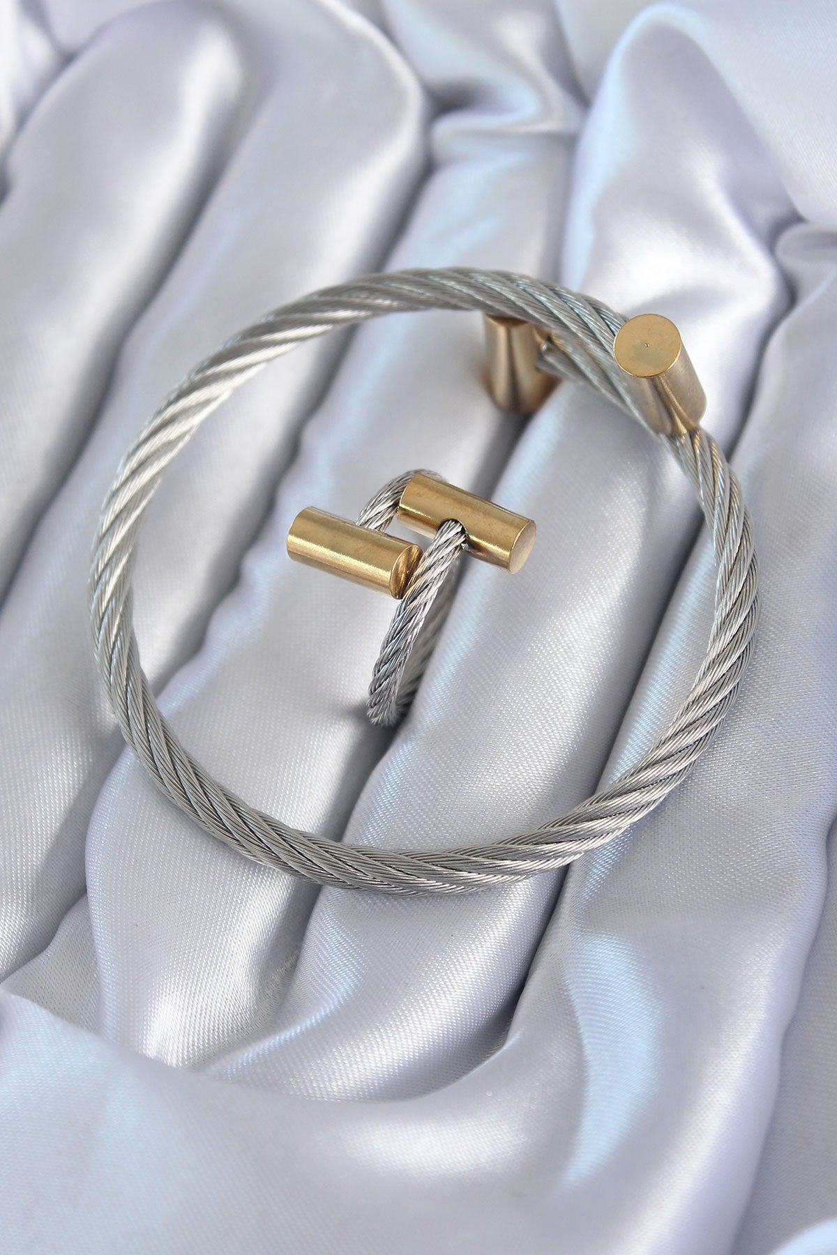 316L Steel Silver Color Gold Detail Spiral Model Men's Bracelet Ring Combination