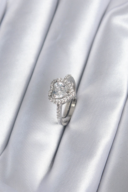 Brass Silver Color Zircon Stone Heart Charm Model Women's Ring