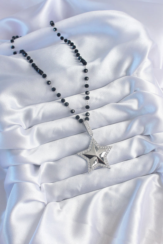Silver Color Black Bead Zircon Stone Brass Star Model VIP Series Women's Necklace