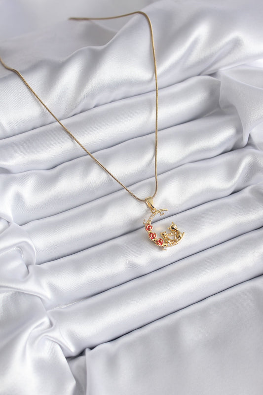 316L Steel Gold Color Crescent Cat Model Zircon Stone Detail Women's Necklace