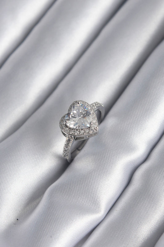 Brass Silver Color Zircon Stone Heart Charm Model Women's Ring