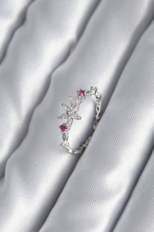 Brass Silver Color Zircon Stone Flower Model Pink Zircon Stone Detail Women's Ring