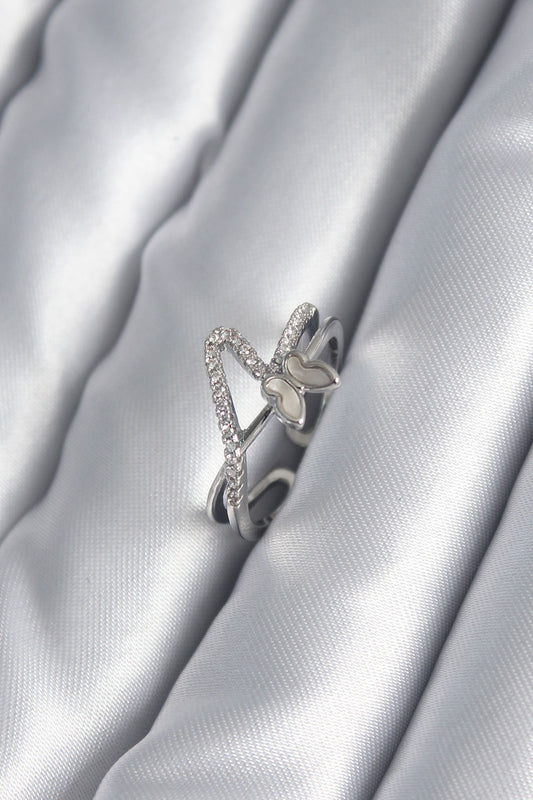 Brass Silver Color Zircon Stone Detail Butterfly Model Women's Ring