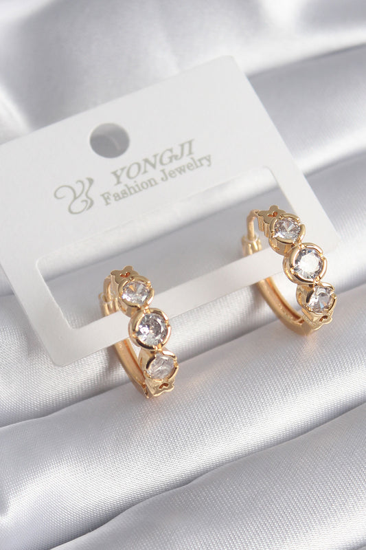 Brass Gold Color Zircon Stone Heart Detail Women's Earrings