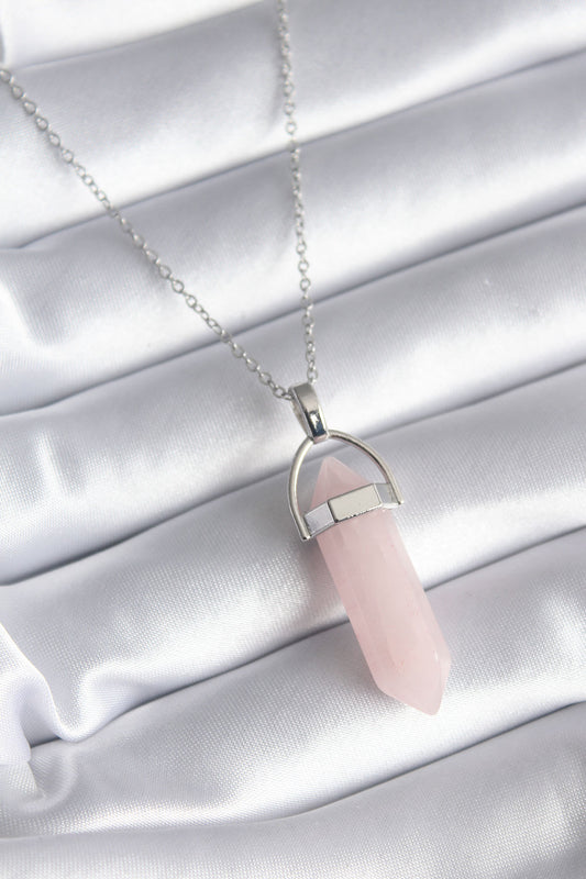 316L Steel Silver Color Pink Stone Women's Necklace
