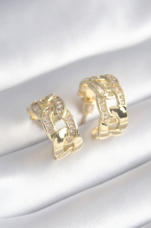 Brass Gold Color Zircon Stone Detail Chain Model Women's Earrings