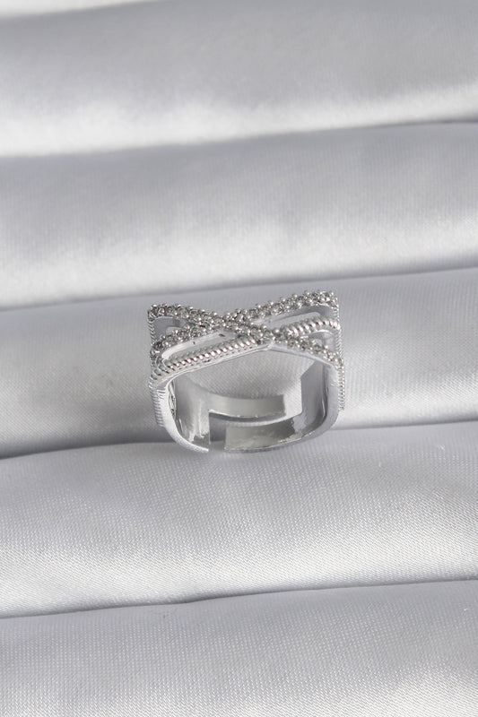 Brass Silver Color Zircon Stone Detail Women's Ring