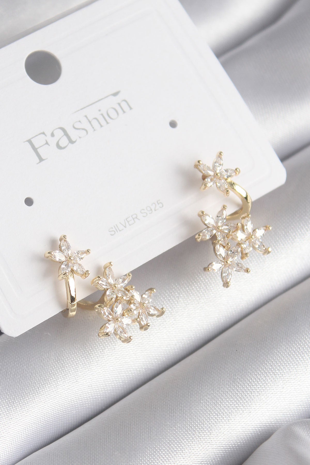 Brass Gold Color Zircon Stone Flower Design Women's Earrings
