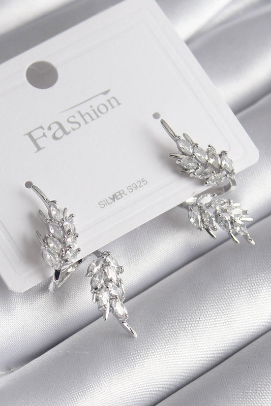 Brass Silver Color Zircon Stone Leaf Model Women's Earrings