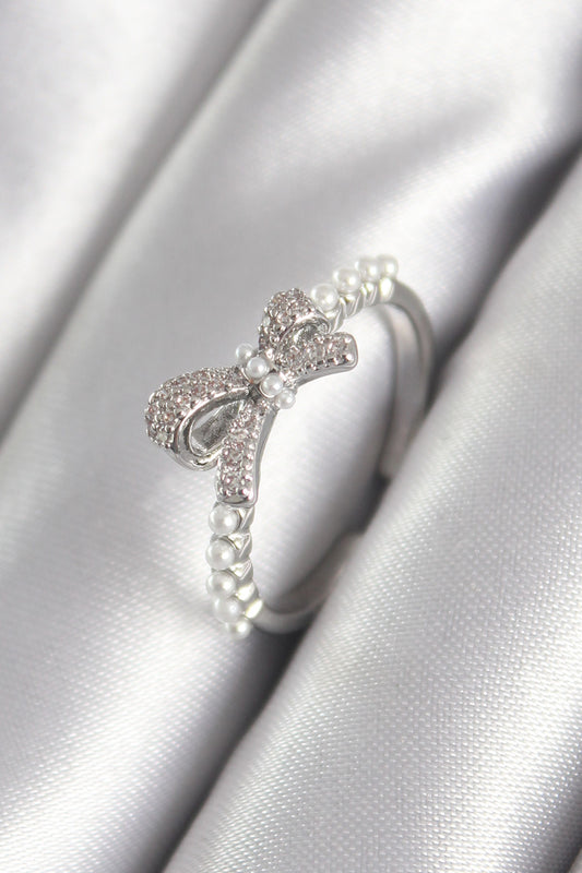 Brass Silver Color Zircon Stone Pearl Detail Women's Ring