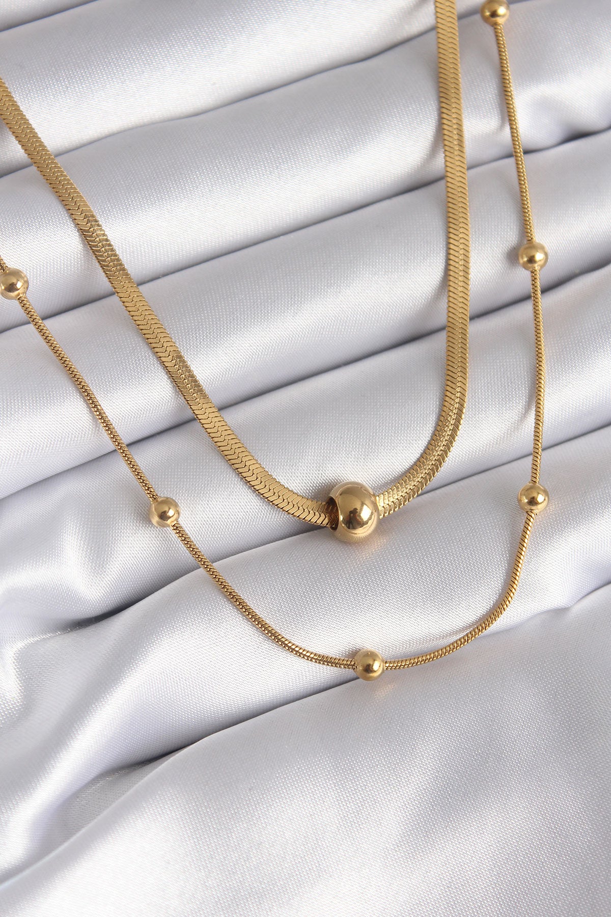 316L Steel Gold Color Italian Chain Model Ball Detail Women's Necklace