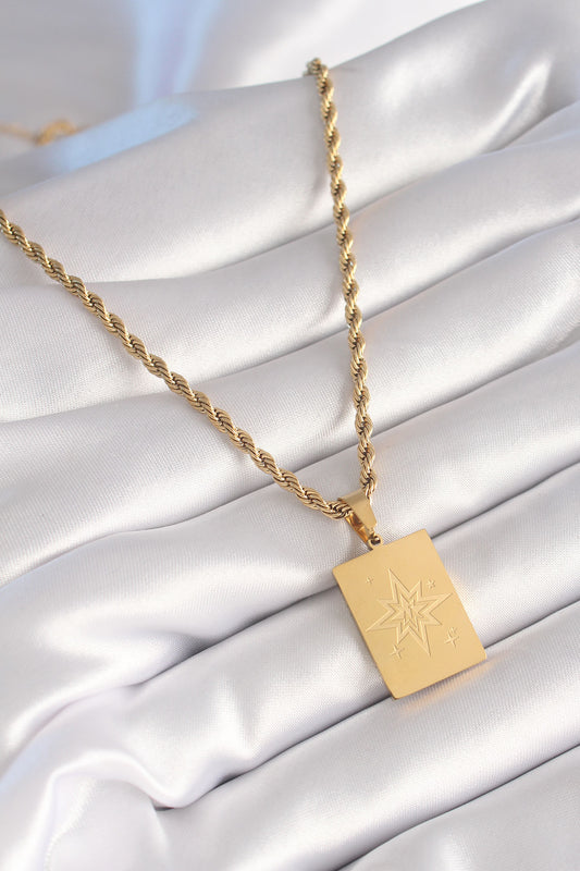 316L Steel Gold Color Twist Chain Pole Star Engraving Plate Figure Women's Necklace