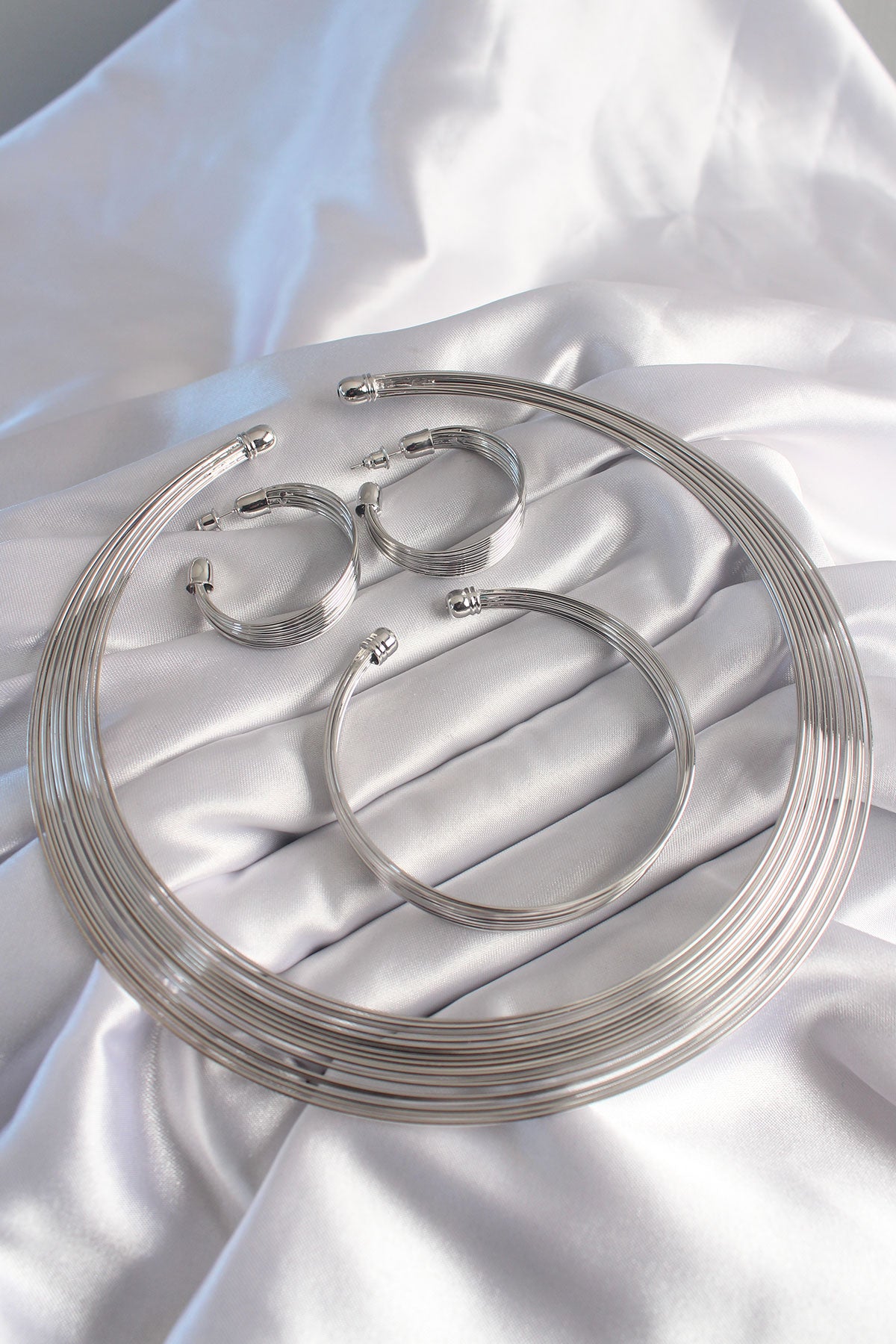 Brass Silver Color Necklace Earring Bracelet Set