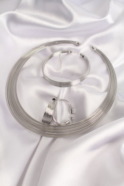 Brass Silver Color Necklace Earring Bracelet Set