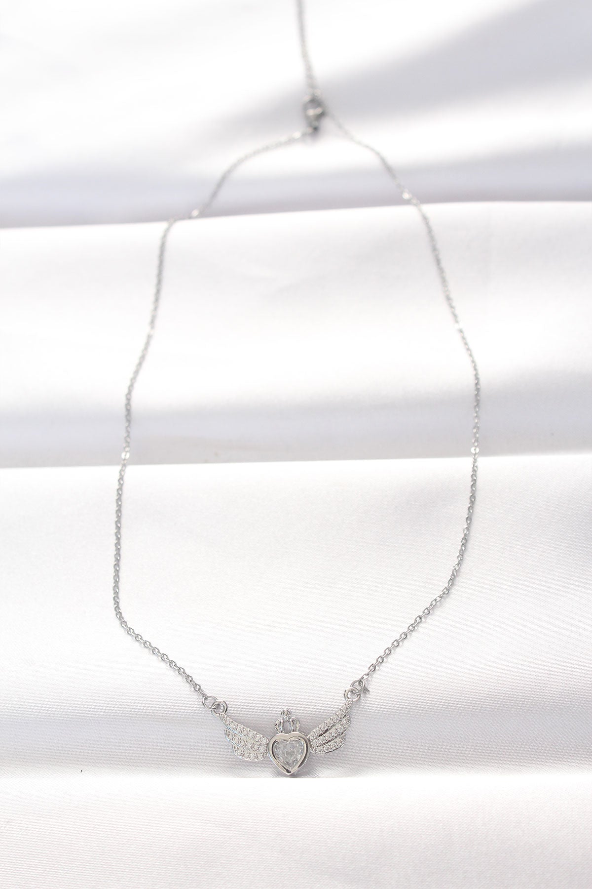 316L Steel Silver Color Zircon Stone Heart Wing Necklace