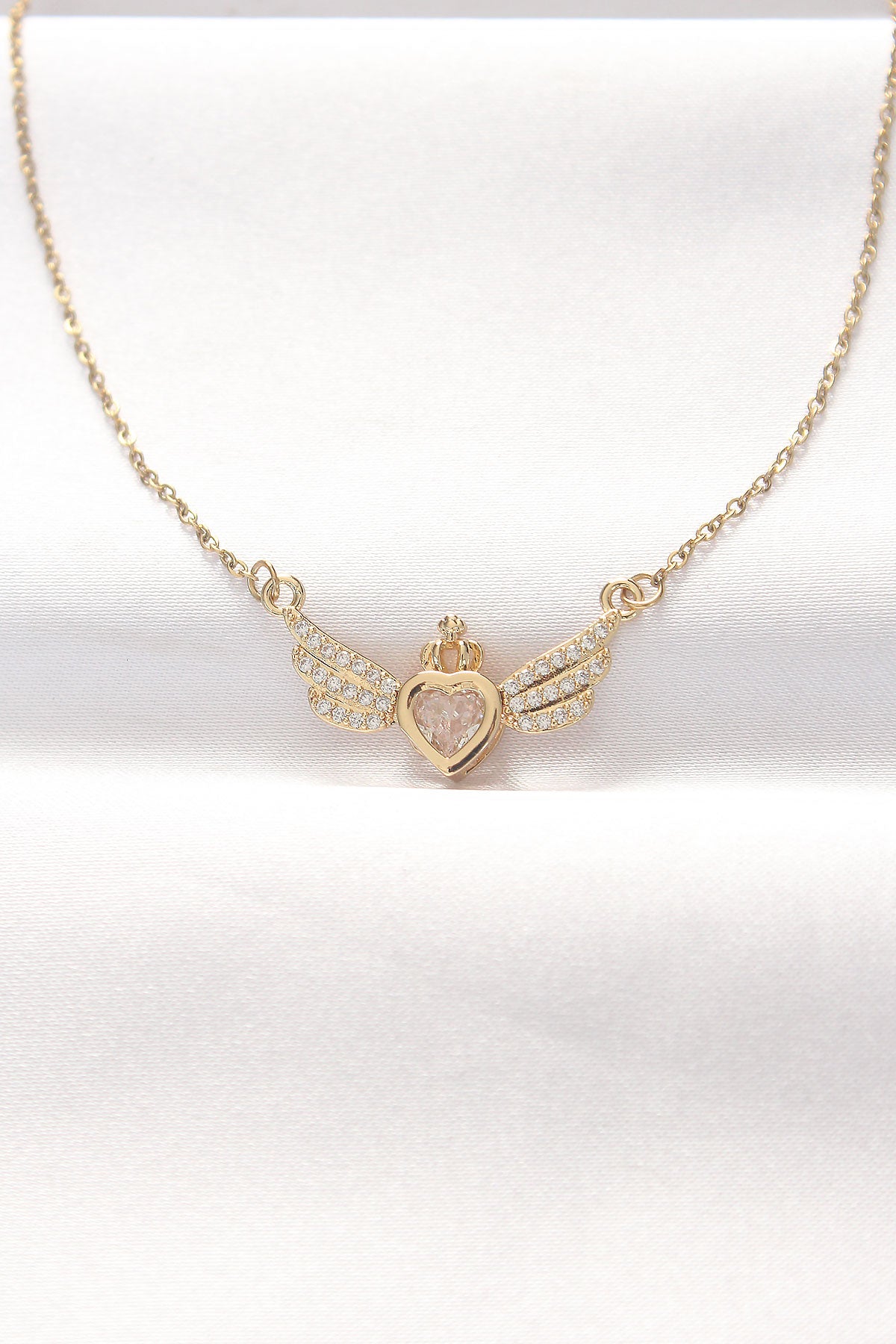 316L Çelik Gold Renk Zirkon Taşlı Kalpli Kanat Kolye