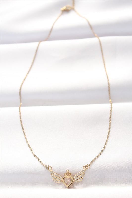 316L Steel Gold Color Zircon Stone Heart Wing Necklace