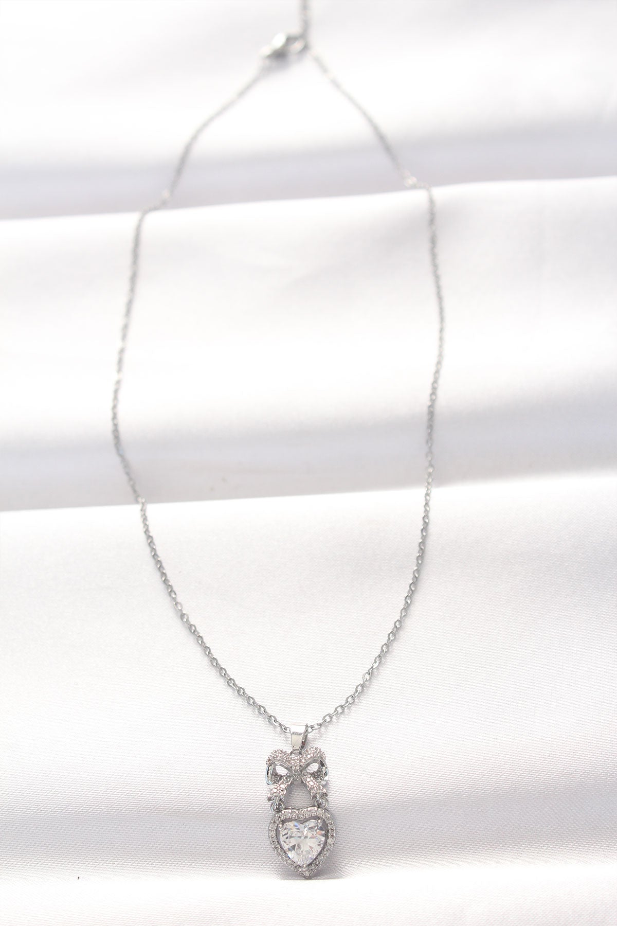 316L Steel Silver Color Zircon Stone Heart Bow Necklace