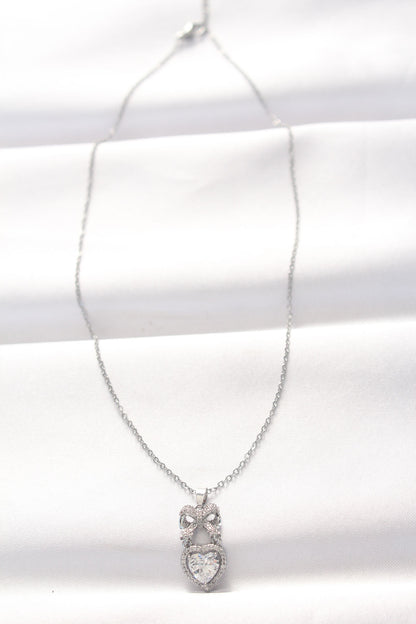 316L Steel Silver Color Zircon Stone Heart Bow Necklace