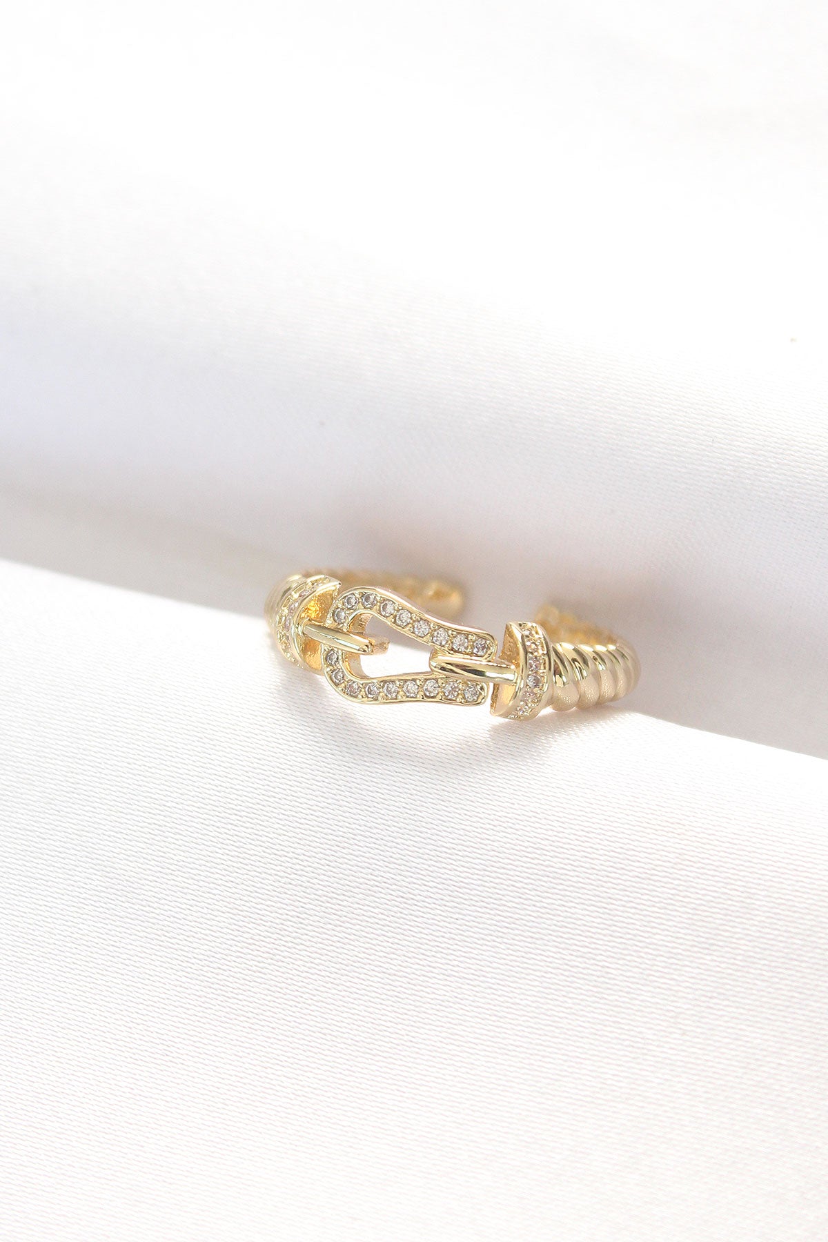 Adjustable Gold Color Zircon Stone Ring with Belt Buckle Design