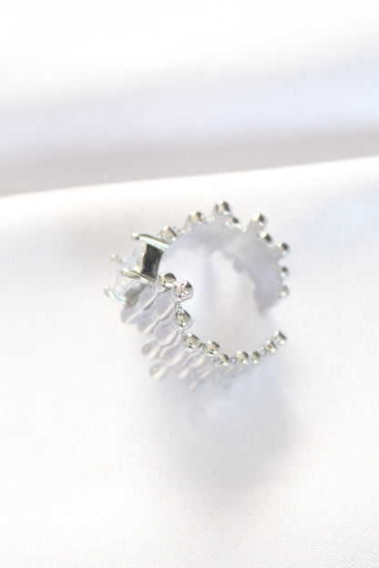 Silver Color Serrated Thick Baguette Stone Design Adjustable Ring