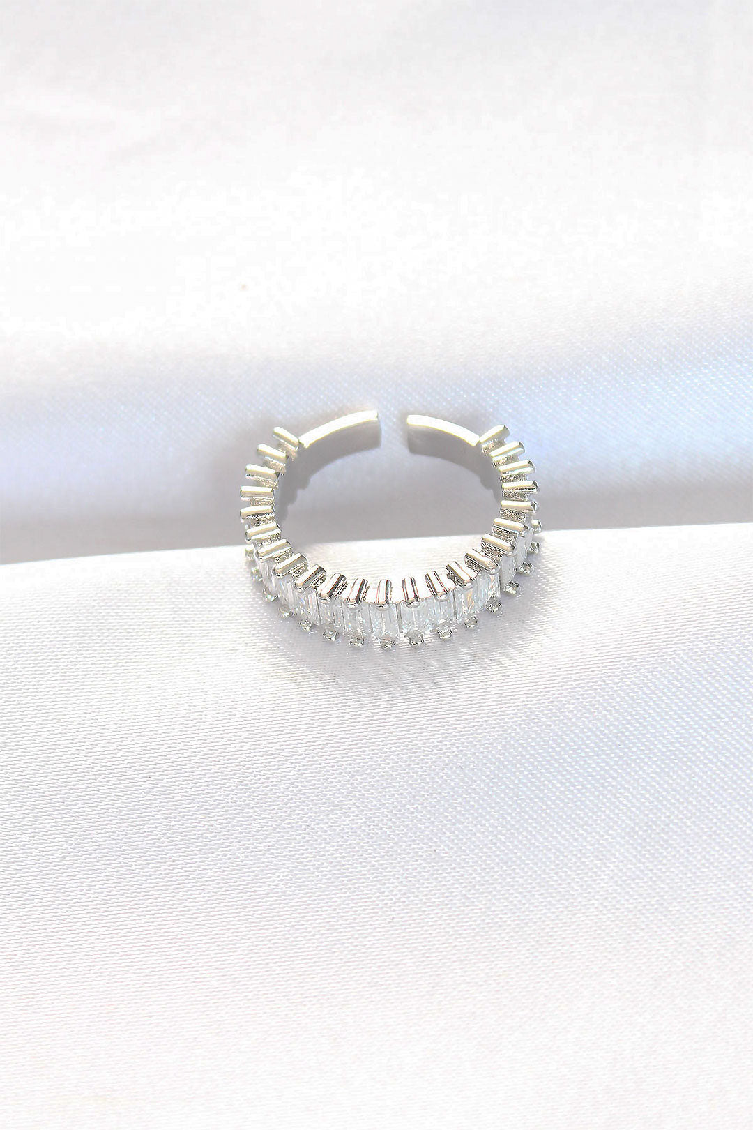 Silver Color Adjustable Ring with Rows of Baguette Stones