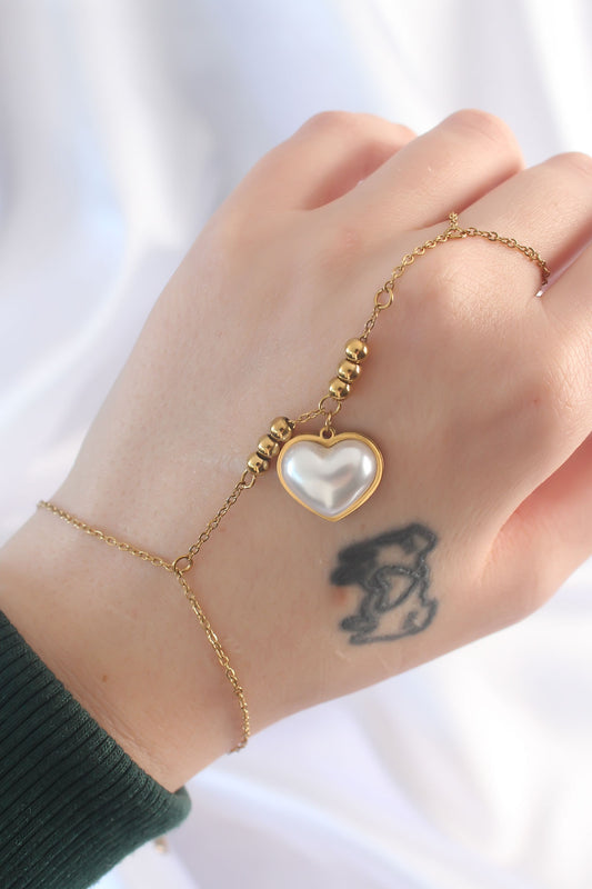 316L Stainless Steel Gold-Tone White Heart Motif Bubble Heart Design Women's Hand Chain Bracelet