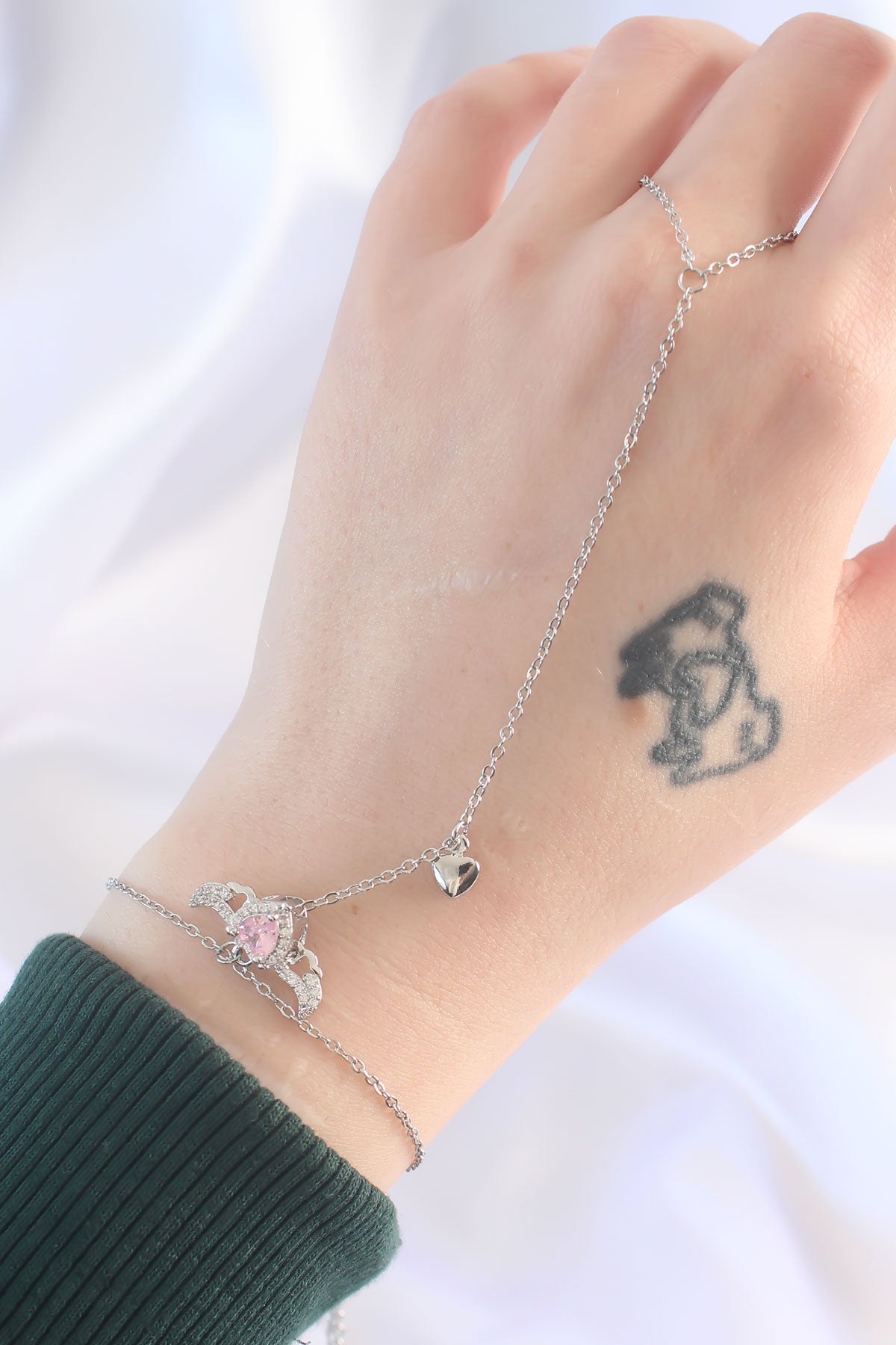 316L Steel Silver Color Pink Zircon Stone Winged Heart Model Shahmaran